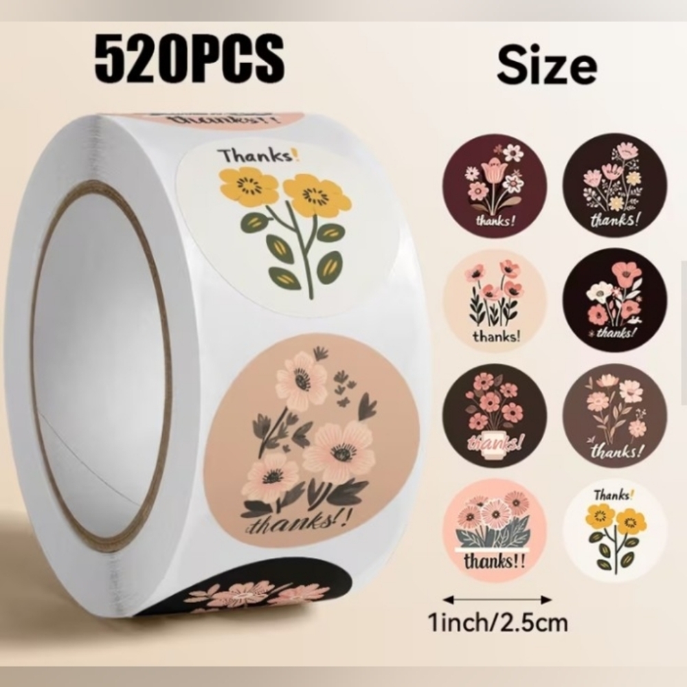 520 Floral 'Thanks' Sticker Roll - Assorted Pink, Peach, Yellow & Black